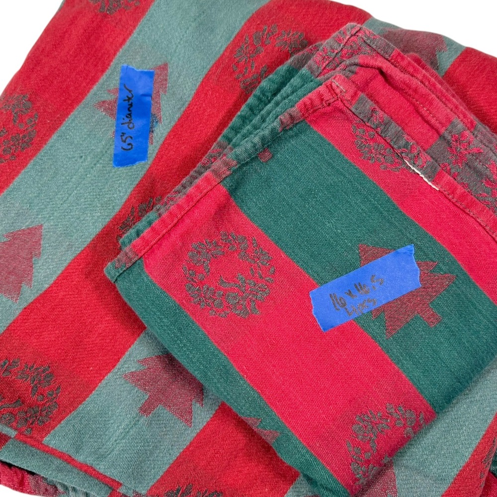 Red Green Striped Christmas Tablecloth Napkin Set Hand Woven Holiday Trees